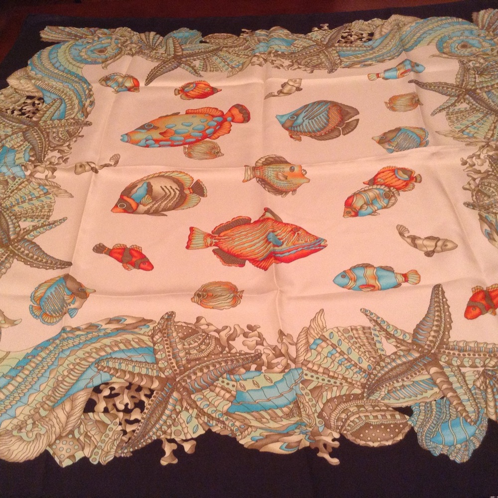 Nordstrom Brand Silk Scarf with Cream & Turquoise Shell Pattern